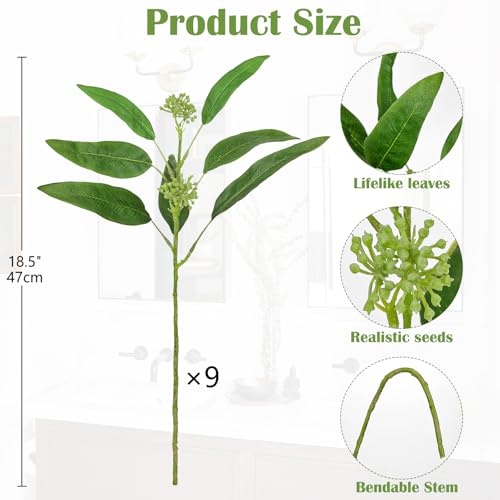 9Pcs Artificial Eucalyptus Stems Willow Eucalyptus Leaves, 18.5" Fake Greenery Stems for Vase, Green Plants Artificial Decor for DIY Bouquets, Arrangements, Centerpieces, Home, Wedding, Faux Greenery - size: # Pack of 9