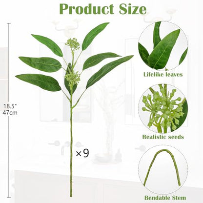 9Pcs Artificial Eucalyptus Stems Willow Eucalyptus Leaves, 18.5" Fake Greenery Stems for Vase, Green Plants Artificial Decor for DIY Bouquets, Arrangements, Centerpieces, Home, Wedding, Faux Greenery - size: # Pack of 9