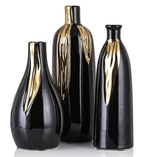 Ceramic Vase 3 Piece Set, Gold and Black Vases for Home Decor, Decorative Vases for Mantel, Shelf and Entryway Decor, Dining Table Centerpieces, Living Rooms, Fireplaces and Kitchen Decor. - color: Bg-l