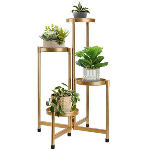 4 Tier Plant Stand Indoor Outdoor, 31 Inch Tall Metal Plant Shelf Waterproof, Plant Holder with Folding Design For Home, Living Room, New Upgrate Gold - color: Gold