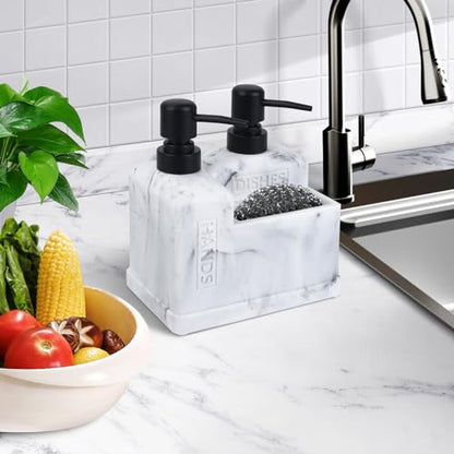 Kitchen Hand Soap and Dish Soap Dispenser Set,Dual Soap Dispenser with Sponge Holder 3-in-1 Organizer for Kitchen Sink,Bathroom,Useful Kitchen Gadgets - White Marble Look - color: 3 in 1 - White Marble Look