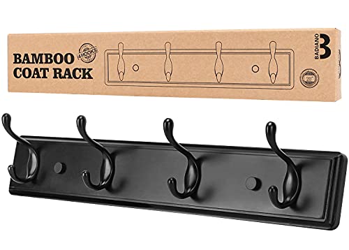 Heavy Duty Wooden Coat Rack, Wall-Mounted Organizer, 19 Inch, Black | 4 Double Hooks, Greater Storage Space for Hanging Towels, Bags, Hats, Jackets, Key - color: Black, size: 4 Hooks