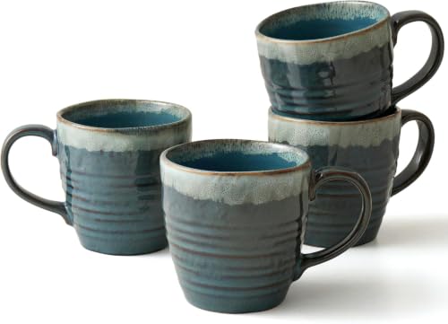 Ava Nord Reactive Glaze Stoneware Ceramic Coffee Mugs 4 Pack - 14oz - Blue | Lead-Free, Non-Toxic, Handcrafted, Coffee Mug Set for Tea Latte Cappuccino Cocoa Hot Chocolate, Microwave & Dishwasher Safe - color: Reactive Glaze - Blue