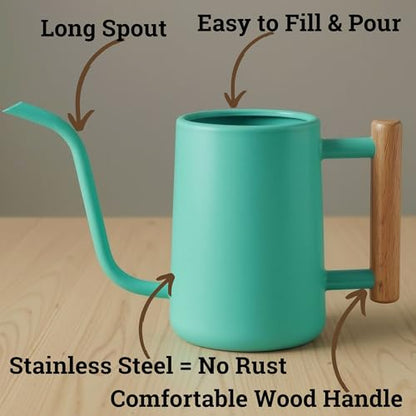 Metal Small Indoor Watering Can with Long Spout & Real Wood Handle, 35oz | Long Spout, Stainless Steel, Real Wood Handle, Gentle Flow, No Spills, Suitable for House Plants, Succulents & Seedlings - color: Mint Green