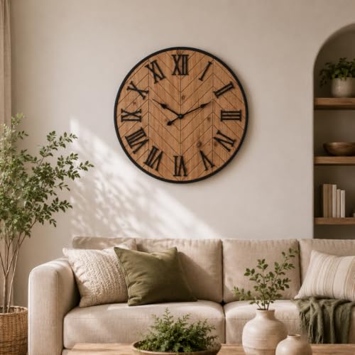 Kenning 30 Inch Extra Large Wall Clock, Wooden Farmhouse Decorative Clock with 3D Roman Numeral, Silent Non-ticking Battery Operated, Rustic Oversized Vintage Wall Decor for Living Room Kitchen Office - size: 30 Inch