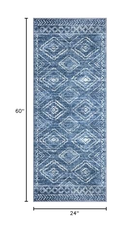 KILOCOCO Washable Runner Rug 2x5 ft Hallway Runners, Stonewashed Blue | Non Slip Runner Rug, Printed Kitchen Runner Rug, Low-Pile Entryway Runners, Soft Geometric Rugs for Bedroom Hall Living Room - color: Stonewashed Blue, size: 2' x 5' (Runner)