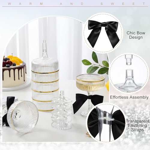 Set of 24 Plastic Champagne Coupe Glasses with Bow 7 oz Gold Champagne Tower Set Stackable Acrylic Ribbed Martini Glasses Cocktail Coupe Cup for Wedding Birthday Party Bar (Ribbon,Black) - color: Black, style: Ribbon
