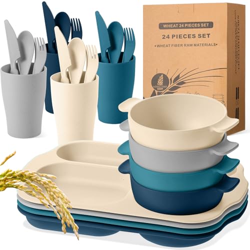 Honoson 24 Pcs Wheat Straw Dinnerware Cutlery Set, Service for 4, Unbreakable Plates and Bowls Set - Divided Plates, Bowls, Spoons, Forks & Knives, Microwave & Dishwasher Safe(Dark Color) - color: Dark Color