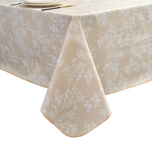 Pioggia Vinyl Tablecloth with Flannel Backing - Waterproof, Oil-Proof, Easy to Clean -Plastic Table Cloth - Perfect for Dining Tables, Kitchen Tables, Parties (Beige Leaves, 60×84 Inch Rectangular) - color: Beige Leaves, size: 84" x 60" (Rectangular)