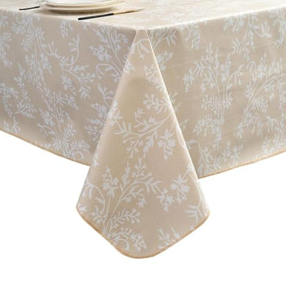 Pioggia Vinyl Tablecloth with Flannel Backing - Waterproof, Oil-Proof, Easy to Clean -Plastic Table Cloth - Perfect for Dining Tables, Kitchen Tables, Parties (Beige Leaves, 54×72 Inch Rectangular) - color: Beige Leaves, size: 72" x 54" (Rectangular)