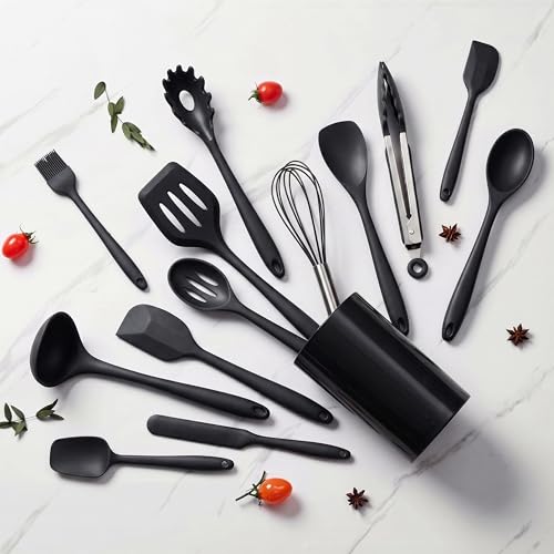 LIANYU 14 Pcs Silicone Kitchen Utensils Set with Holder, Black | 446°F Heat Resistant Silicone Cooking Utensils Spatula Set, Non-Stick & Dishwasher Safe Cooking Tools, Comfort Grip Handle - color: Black