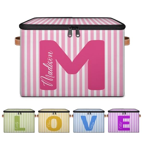 Personalized Stripe Memory Storage-Bin,Custom Name Keepsake Box | Storage Basket with Handle Lid Large Capacity, Folable Fabric Box Decorative for Family - color: Option 10