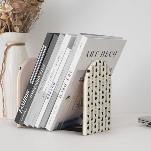 Scandinavian Geometric Shapes (1) Print Wooden Bookends,1 Pair Book Ends,Book Organizer for Office Desk, Home and School