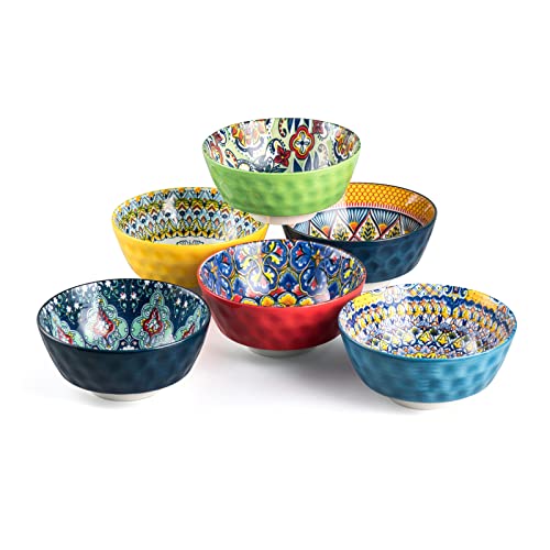 HENXFEN LEAD Ceramic Snack, Dessert Bowls Set of 6-12 Oz Colorful Small Bowl Set for Ice Cream, Nut, Condiment - Side Dish Bowls for Dipping, Salsa - Bohemian Style - color: Assorted, size: 12 Oz