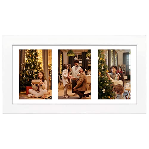 Golden State Art, Collage Picture Frame 7x14 Matted 3 4x6 Photos Wood White | Clear Real Glass Cover and White Mat, Horizontal & Vertical Display Multi Prints For Gallery Wall, Home Decor & Holiday Gift - size: 7x14 White, for (3) 4x6