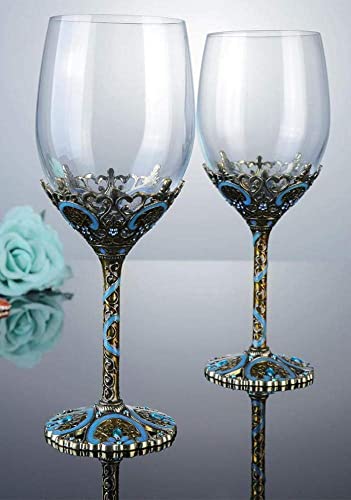 Wine Glasses Clear Handcrafted Champagne Glasses Red Wine Glasses Set Of 2 | Enamel Floral Goblets In Blue, Handcrafted Design, Set Of 2, Perfect For Champagne And Red Wine - color: Blue/ 2 set (gift box)