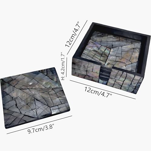 i-lan Mother of Pearl Coasters Set of 6 with Holder - 4.7" Square Drink Coasters for Kitchen, Dining Room, Coffee Table - Black Mosaik Pattern, Shell Inlay Cup Mats - color: Black Mosaik