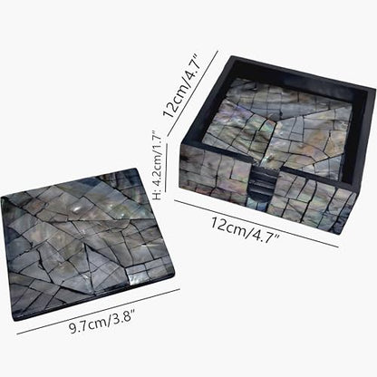 i-lan Mother of Pearl Coasters Set of 6 with Holder - 4.7" Square Drink Coasters for Kitchen, Dining Room, Coffee Table - Black Mosaik Pattern, Shell Inlay Cup Mats - color: Black Mosaik