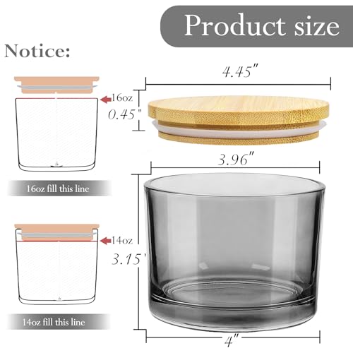 CONNOO 6 Pack 16oz Gray Wide Mouth Glass Candle Jars | Empty Wide Mouth Glass, Bamboo Lids, Sticky Warning Labels, Candle Wick Kit, Dishwasher Safe - color: 6 Pack-Gray