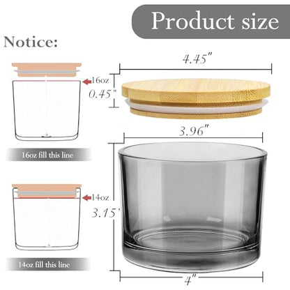 CONNOO 6 Pack 16oz Gray Wide Mouth Glass Candle Jars | Empty Wide Mouth Glass, Bamboo Lids, Sticky Warning Labels, Candle Wick Kit, Dishwasher Safe - color: 6 Pack-Gray