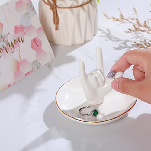 PUDDING CABIN Ring Holder - I Love You Hand, Ceramic Jewelry Dish, Valentine's Day, Wedding, Birthday, Mothers Day Gifts for Women - style: I love you Hand
