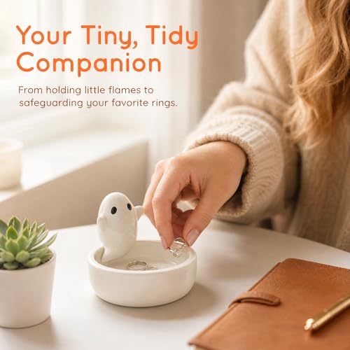 Ceramic Ghost Tealight Candle Holder, Cute Spooky Room Decor for Desk and Nightstand, Kawaii Witchy Aesthetic Small Votive Stand