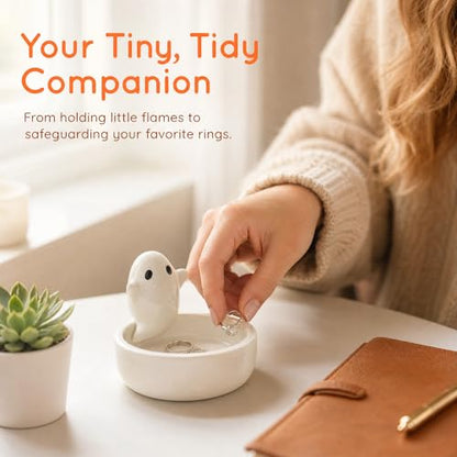Ceramic Ghost Tealight Candle Holder, Cute Spooky Room Decor for Desk and Nightstand, Kawaii Witchy Aesthetic Small Votive Stand