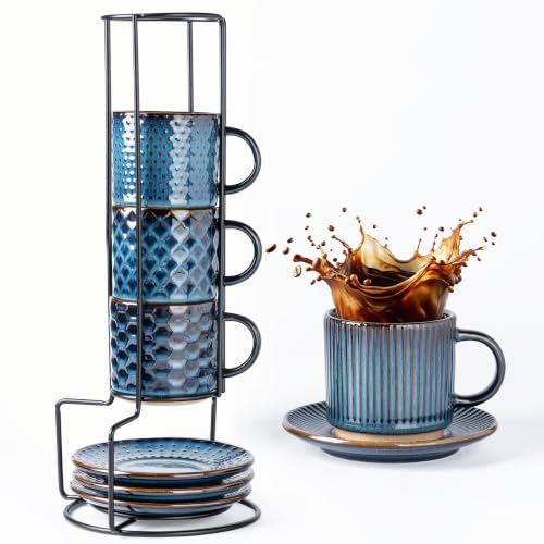 GBhome 6 OZ Stackable Coffee Mugs Set of 4, Ceramic Espresso Coffee Cups | Coffe Cups With Saucer and Stand, Dishwasher&Microwave Safe, 4 Assorted Designs - color: Deep Sea, size: 6 Ounce (With Stand)