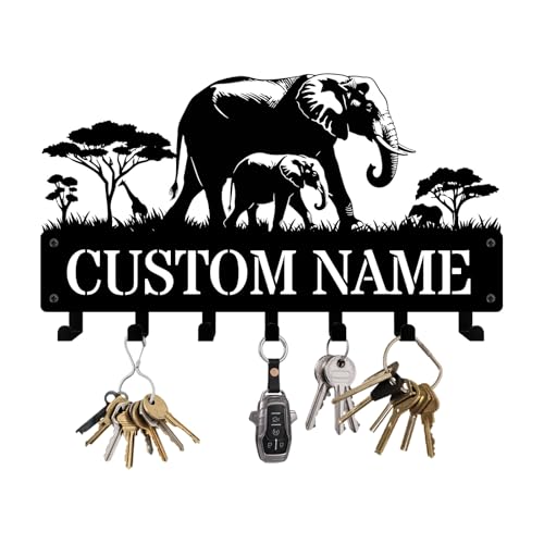 NIWAHO Personalized Elephant Key Holder Wall Mount Customized Family Name Coat Rack With Hooks, Metal Key Holders African theme Decor, Wall Hanger for Entryway Bedroom Kitchen Office - color: Elephant