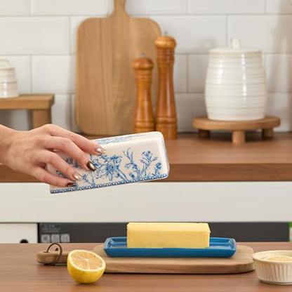 Bico Blue Garden Toile De Jouy Ceramic Butter Dish with Lid, Wide Butter Keeper for Counter, Kitchen Countertop, Microwave and Dishwasher Safe - color: Blue Garden Toile De Jouy