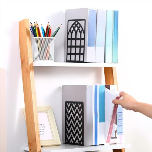 Feifeiya 6 Pairs Decorative Book Ends Metal Bookends for Shelves Black Metal Heavy Duty Book Ends Holder Supports Stoppers for Home Office School, 6.9x4.9x3.5”(Geometrical) - style: Geometrical