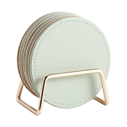 CASEGRACE Drink Coasters with Metal Holder Stand Set of 6, PU Leather Absorbent Coasters with Cork Base Table Coaster Set Decorative Coffee Cup Coasters Housewarming Gift for Home Decor - color: Green