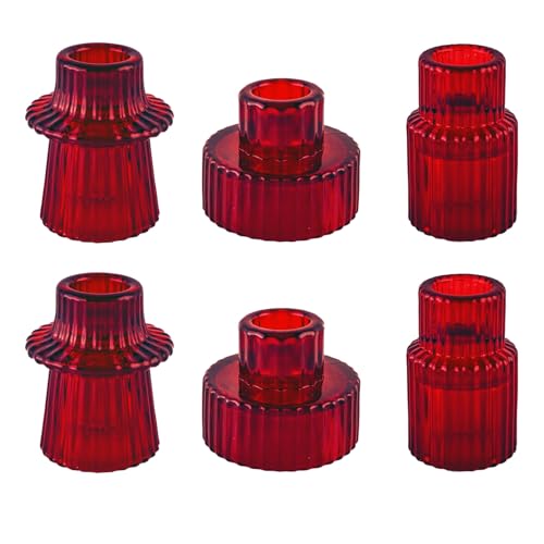 Glass Candlestick Holders, Taper Candle Holders, Set of 6, Red | Double-sided ribbed glass taper candle holders for wedding centerpieces, parties, Christmas, Valentine's Day, and home decor - color: Red, size: 6 PCS