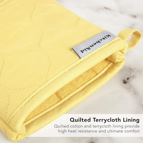 KITCHENAID Quilted Cotton Terry Cloth Oven Mitt, Pot Holder, Kitchen Towel 4-Pack Set, Heat Resistant, Silicone Grip, 16"x26", 7"x13" & 7"x10", Butter Yellow - color: Butter Yellow