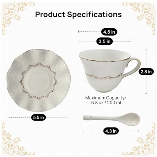 Tea Cup and Saucer Set for 1, Ceramic, White, 6.8 Oz | Coffee Cup with Saucer and Spoon, Elegant Design, 3D relief patterns, Gold Trim, Protective Packaging, Ideal for Gift - color: Elegant