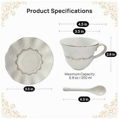 Tea Cup and Saucer Set for 1, Ceramic, White, 6.8 Oz | Coffee Cup with Saucer and Spoon, Elegant Design, 3D relief patterns, Gold Trim, Protective Packaging, Ideal for Gift - color: Elegant