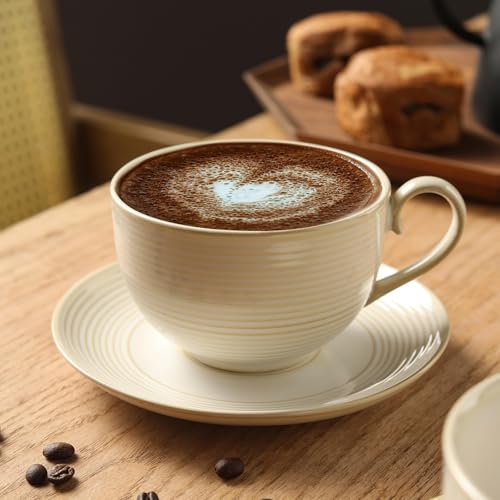 12Oz Coffee Cups with Saucers, Ceramic Espresso Cup Set of 4, Cappuccino Cups Set, Tea Mugs and Saucer, Microwave Dishwasher Safe Drinkware for Home, Cafe, Housewarming Gifts - color: B - 12oz