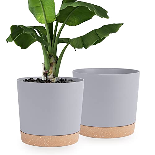 QCQHDU 12 inch Plant Pot, 2 Pack Planters for Indoor Plants with Drainage Holes & Saucer, Outdoor Flower Pots Home Garden Modern Decor - color: Light Grey, size: 12 Inch