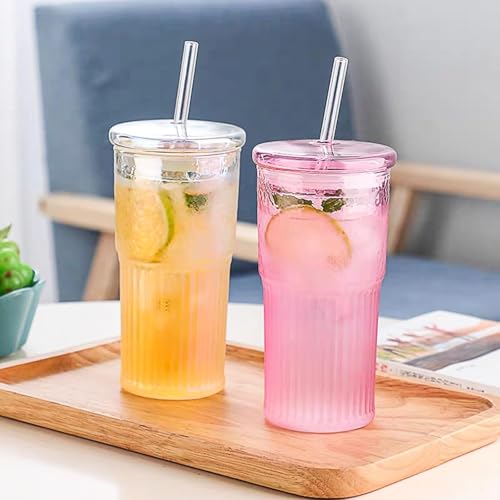 JunVpic Glass Coffee Tumbler, 20 oz Glass Cup with Lid and Straw | Pink glass design, Hammered Texture, reusable straw and lid for iced coffee, tea, smoothies and hot & cold drink - color: Pink, size: 20oz