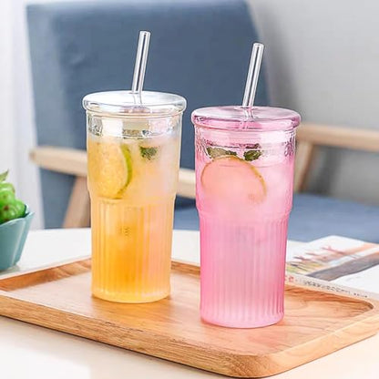 JunVpic Glass Coffee Tumbler, 20 oz Glass Cup with Lid and Straw | Pink glass design, Hammered Texture, reusable straw and lid for iced coffee, tea, smoothies and hot & cold drink - color: Pink, size: 20oz