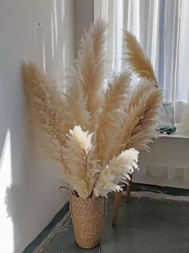 43.3 Inch Natural Pampas Grass Bouquet, 23.6 Inch Large Fluffy Plumes, Zero Maintenance Boho Farmhouse Decor for Floor Vase, Wedding Party Home Decoration, 10 Stems