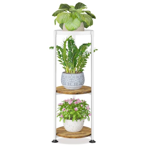 LASZOLA Plant Stand Tall Flower Holder for Indoor Corner, 3 Tier White | Heavy Duty Metal Vertical Multi Level Shelf Rack for Narrow Floor, Sturdy Modern Round Organizer for Patio Porch Garden - color: Pure White-Brown, size: 3 Tier