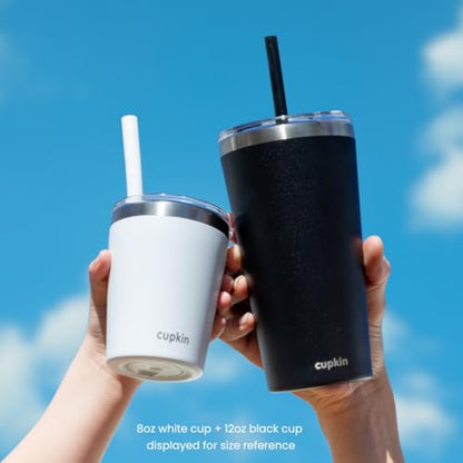 CUPKIN Toddler Tumblers, The Original 12 oz Stackable Stainless Steel Cups, Set of 2 Powder Coated Insulated Kids Water Bottle Alternative + BPA Free Lids + Reusable Silicone Straws (Black + White) - color: Black/White, size: 12 Fl Oz (Pack of 2)