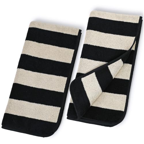 2-Piece Hand Towels for Bathroom Kitchen Decor - Black & Cream Stripe | Hand Towel, Cotton Soft for Spa Gym Travel, 13 x 29