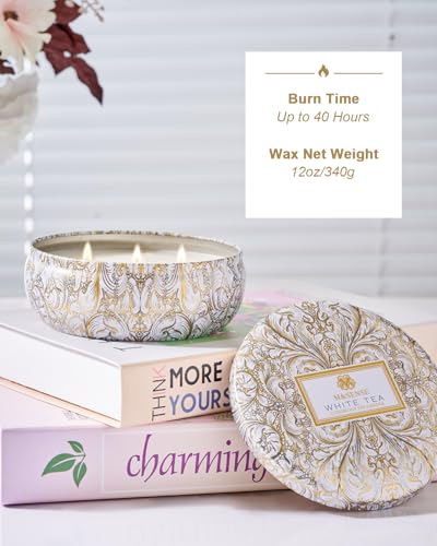 M&SENSE White Tea Scented Candles 12 oz, Large 3 Wick Soy Tin Candle, Over 40 Hour Burning Time, 100% Natural Vegan Wax, Relaxing Aromatherapy Aesthetic Candle Gift for Women Men - color: White Tea