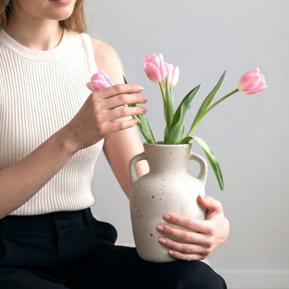 Ceramic Flower Vase with Handles, Tall White Vase, Large Decorative Terracotta Vases, Farmhouse Rustic Pottery Vases for Home Decor, Living Room - size: 7"h