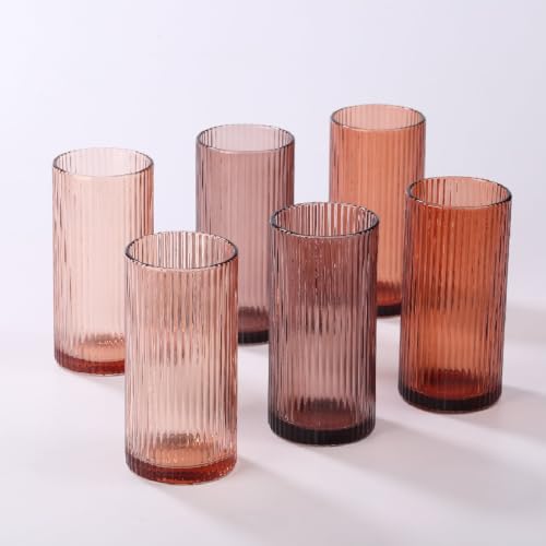 Physkoa 6 Piece 16oz Brown Ribbed Glassware Set | Vintage Drinking Glasses in Ochre,Umber,Espresso–Highball Tumbler Cups–Aesthetic Colored Glasses - color: Millard