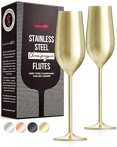 Gusto Nostro Stainless Steel Gold Champagne Flutes Set of 2 - Unique, Unbreakable, Colorful Metal Champagne Glasses - Modern Toasting Flutes - Luxury Wedding Gifts for Couple - Wedding Registry Idea - color: Gold, size: Set of 2