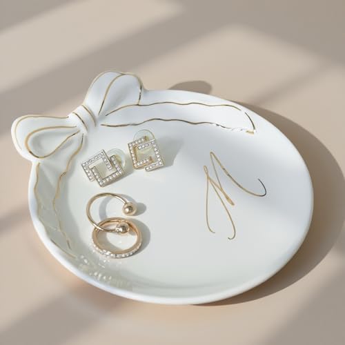 COLLECTIVE HOME Ceramic Jewelry Tray, Monogram Trinket Dish with Bow (M) | Mothers Day Graduation Christmas Birthday Gifts for Women, Bridesmaid Proposal Gifts, Features Real Gold Trim & Gift Box - color: M