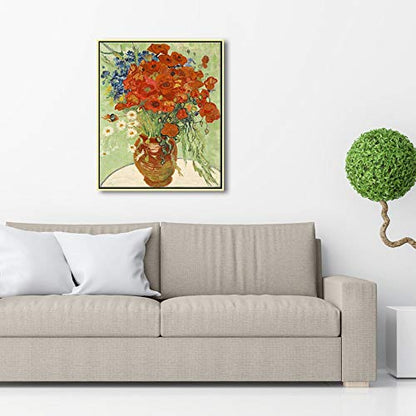 Wieco Art Framed Art Red Poppies and Daisies Canvas Prints Wall Art of Van Gogh Famous Floral Paintings Reproduction Abstract HD Classical Flowers Pictures Artwork - size: 24"L x 20"W
